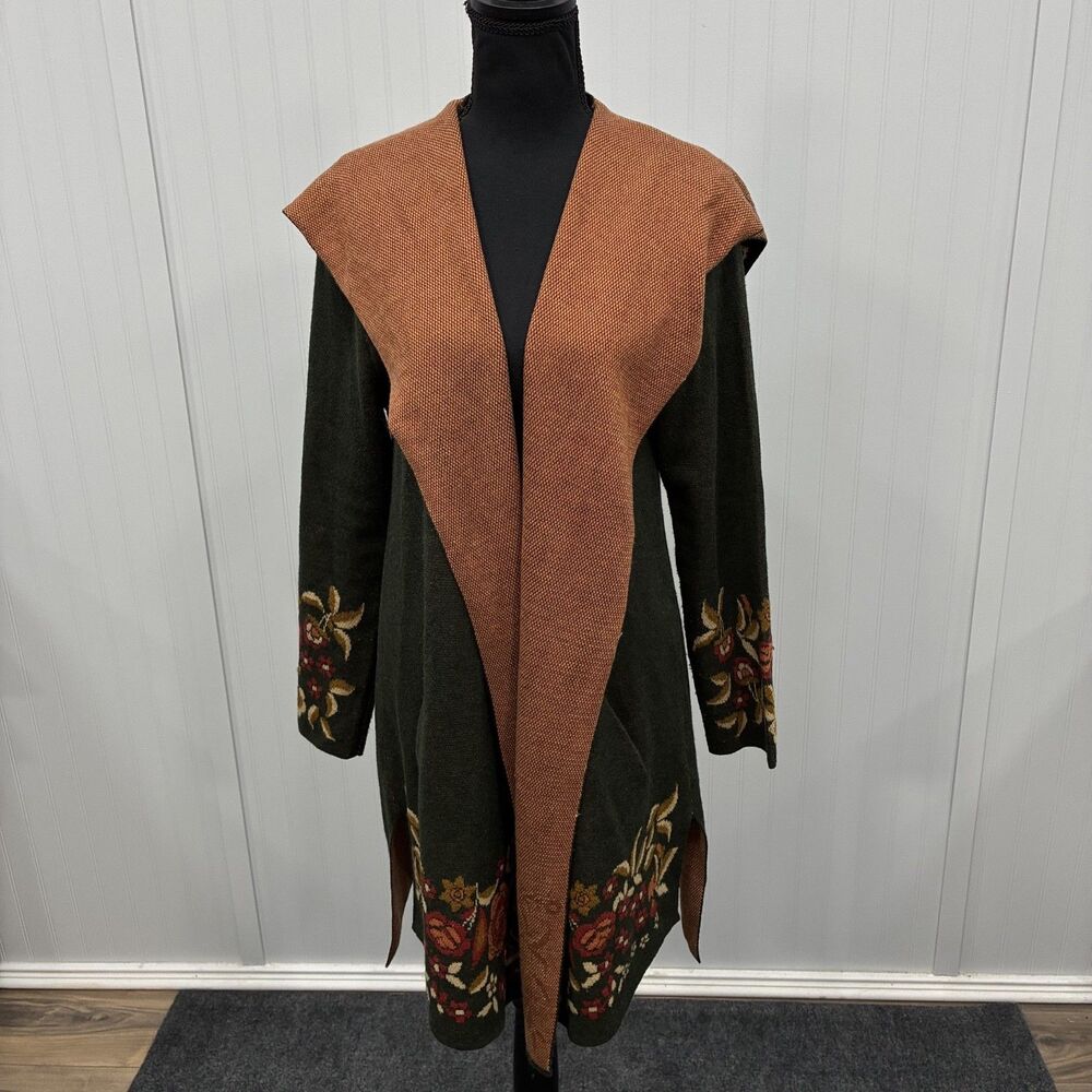 Max Sport Women's Large Green Floral Wool Blend Open Duster Cardigan Cottagecore